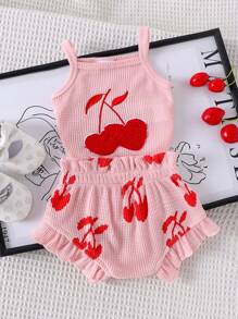 2pcs/Set Baby Girls Cute Embroidered Strap Bodysuit + Shorts Set, Lightweight Summer - Pink - View 2