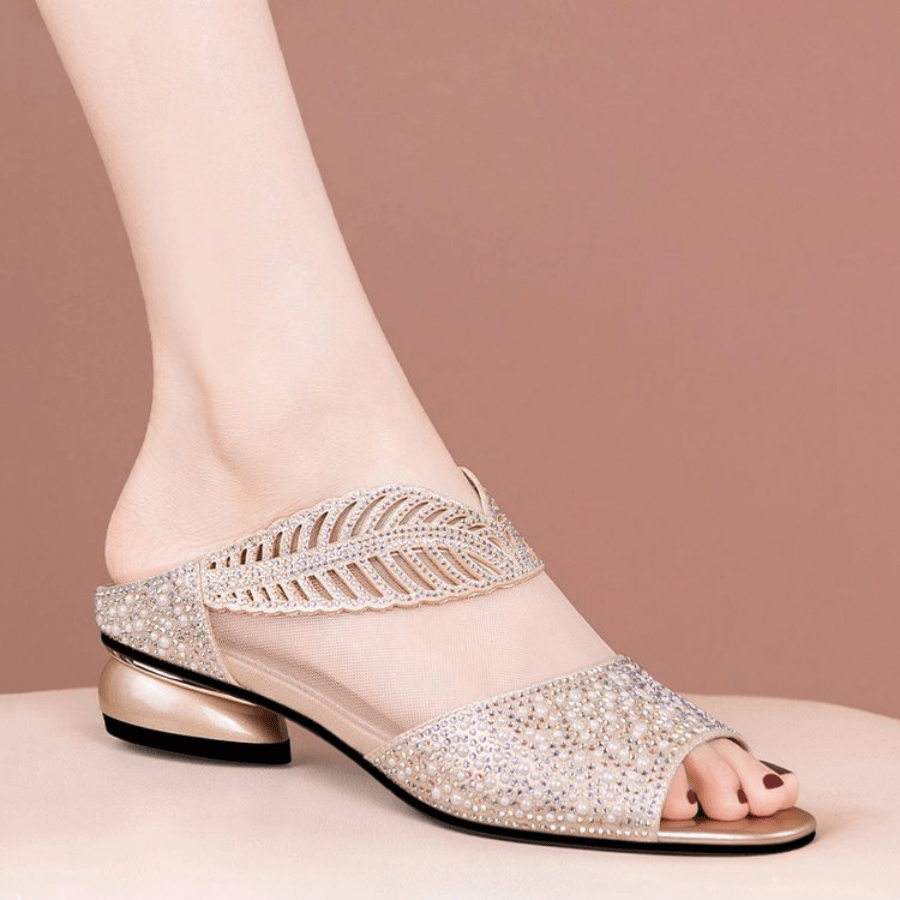 Sandalias cómodas de tacón bajo para mujer, pantuflas casuales de punta abierta con decoración de cristales brillantes, vestido de verano