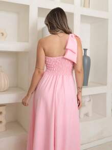 Victoria Long Dress Luxury Plain Duna Linen With Bow One Shoulder - Baby Pink - View 4