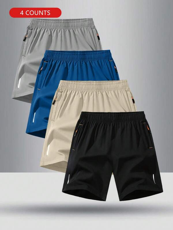 4pcs/Set Boys Elastic Waist Plain Casual Sports Shorts, Summer
