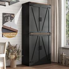 71in Farmhouse Tall Storage Cabinet With 5 Layers Adjustable Shelves,Kitchen Pantry Storage Cabinet With 4 Barn Doors,Storage Cabinet For Kitchen, Dining Room, Bathroom, Living Room - 黑色 - 查看 4