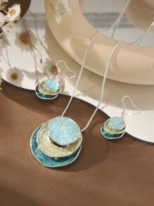 1 Pair Earrings And 1 Necklace Set, Elegant Fashion Creative Unique Layered Zinc Alloy Green Circle Pendant Decor Snake Chain Necklace For Women And Girls, Christmas, Street Style, Party Gift