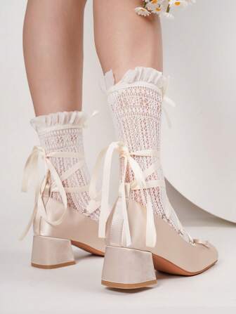 Ballet Flats With Satin Ribbon Bow, Square Toe, Mid-Heel, French Girly Style