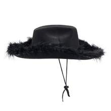 Womens Cowboy Hat, Adult Solid Color Furry Trim Wide Brim Hat Female Cap For Dating Party - Black - View 3