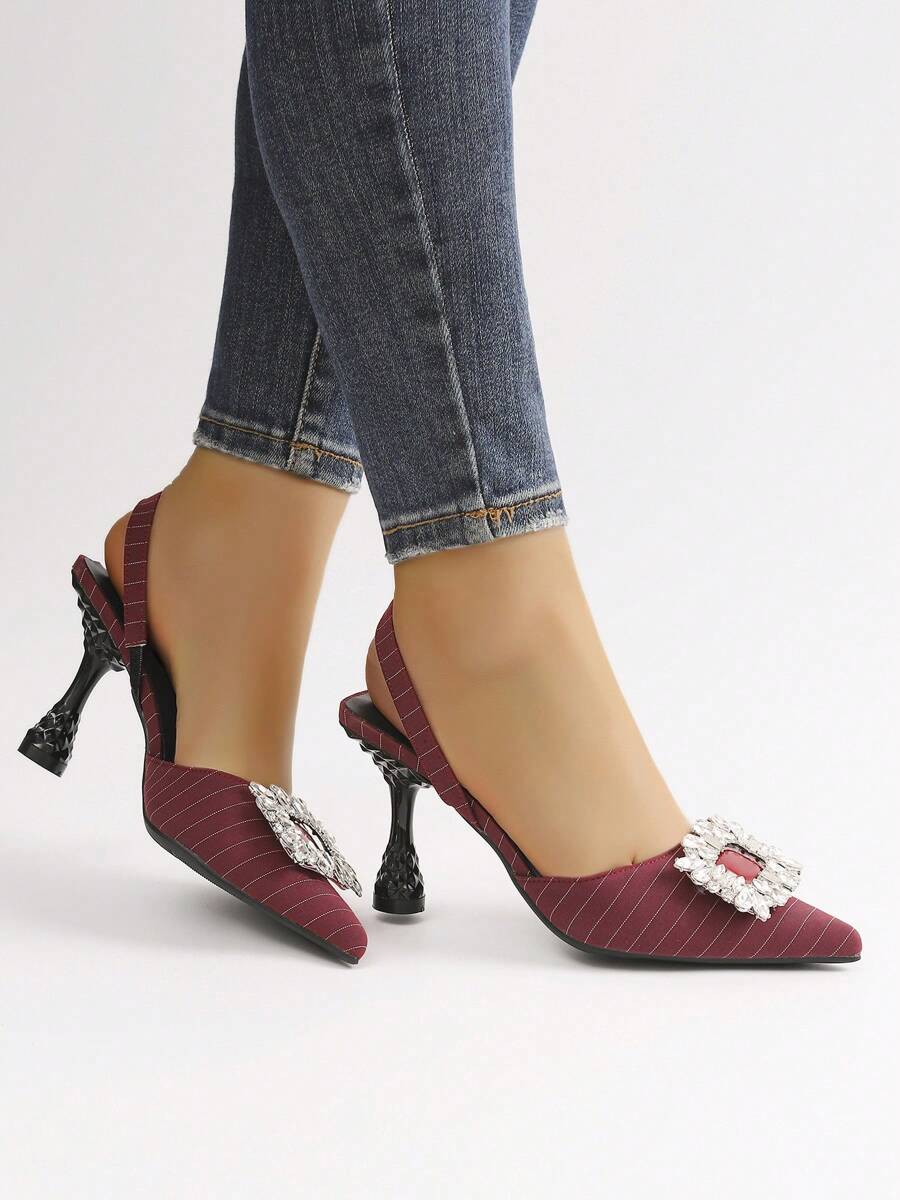 Diamantverzierte quadratische Schnalle spitze Zehenform Mode High Heel Sandalen für Frauen, modische High Heel Mules, Ananas Absatz & Weinglas Absatz High Heel Pumps, Slip-On High Heel Sandalen, bequem & leicht, geeignet für Büro & Party - Bordeaux - Übersicht 1