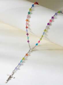 Premium Colored Beads, Virgin Cross, Pendant Necklace, Long Chain, Tassel Inspired Versatile Necklace