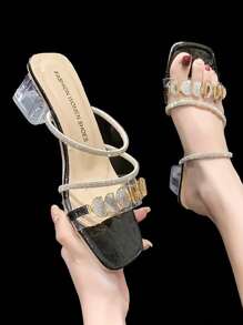 Chunky Heel Rhinestone Embellished Strap Sandals, French Style Crystal High Heels For Women, Summer