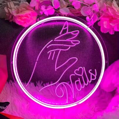 Letrero de neón LED "Uñas" con diseño de gesto de mano | Decoración de pared iluminada en rosa con alimentación por USB para salones de belleza y spas, decoración de pared de arte en 3D, sin batería necesaria