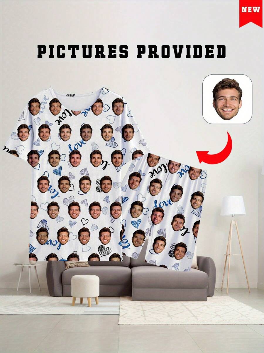 Spring New Men's Custom Pajama Set, Crew Neck Graphic Print Casual Comfortable Short Sleeve Shorts 2 Pieces Sleepwear - Multicolor - View 1