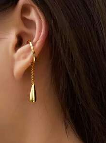 1PC Minimalist Fashion C-Shaped Metal Teardrop Tassel Ear Cuff Clip Earrings For Women Girls Fake Cartilage Non-Piercing Jewelry Gifts - 1pc Gold - View 4