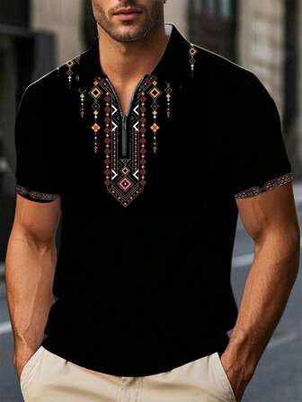 1 pezzo Camicia maglia uomo casual di moda, con motivo geometrico retrò, realizzata in fibra di poliestere, vestibilità regolare, con zip e leggera elasticità, adatta per uso quotidiano e attività all'aperto