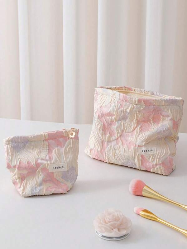 Bolsa de cosméticos da moda Y2K, 1 peça/conjunto, bolsa de maquiagem casual de viagem floral rosa e branca, bolsa organizadora de cosméticos grande e pequena, bolsa de higiene feminina, porta-moedas, batom, óculos, telefone, porta-pincel, bolsa de mão primavera/verão
