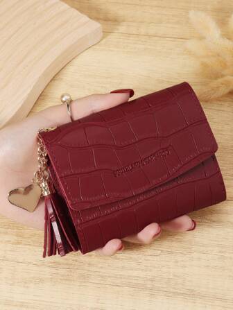 Fashionable Tri-Fold Women's Short Wallet In Burgundy With Crocodile Texture And Heart-Shaped Hardware, Premium Leather Material, Multi-Card Slots For Credit Card, Bank Card, And Coin Storage, Compact Design For Bills And Coins, Tassel Pendant For Stylish Look, Perfect For Travel, Work, And Daily Use, Ideal Gift For Girlfriend, Mother, Or Teacher, And Elegant Design
