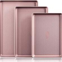 Diamond-Texture Baking Sheet Pan Set, Non-Stick Cookie Sheets, Free Heavy Duty Bakeware - 3 Sizes, Girly Kitchenware, Pink Kitchen Appliances