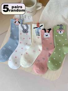 5 Pairs Women's Assorted Color Animal Pattern Mid-Calf Socks, Fashionable Versatile, Soft & Comfortable For Everyday Wear