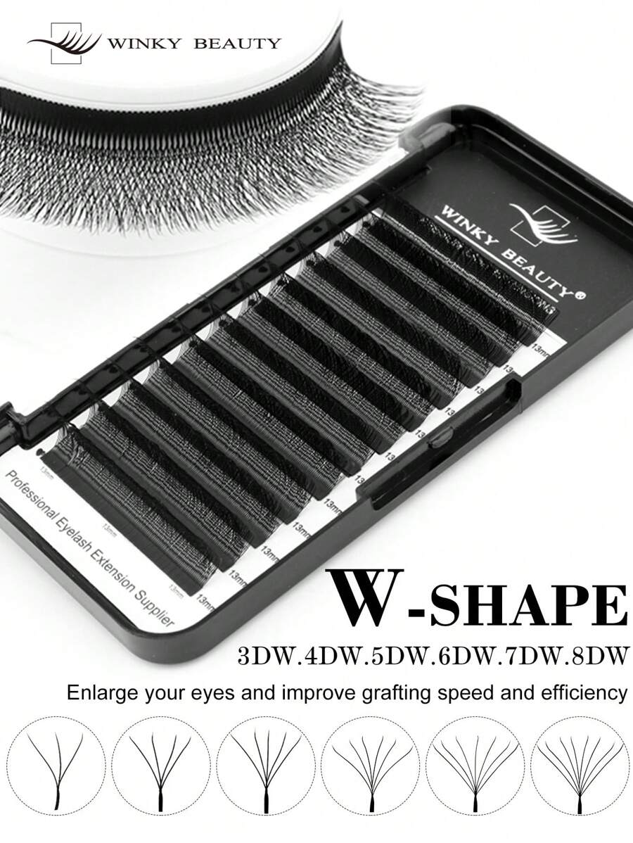 Winky Beauty W Shape Eyelashes Extension D Curl Individual Handwoven Auto Flowering Premium Premade Volume Fans Faux Mink Fluffy Lash Soft Light Natural Supplies 0.07mm Automatic Bloom Matte Black Cluster Lashes Wholesale For Lash Artist Beauty Salon 12 Rows 8-15mm