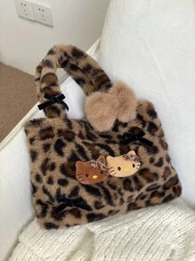 Sanrio Hello Kitty Plush Leopard Print Handbag, Y2K Baddie Cute Leopard Wallet, Minimalist Tote Bag For Outdoor, Retro Plush Commuter Bag, Bohemian Style, Easter, Mother's Day, Birthday Gift, Party Favor, Graduation Memento