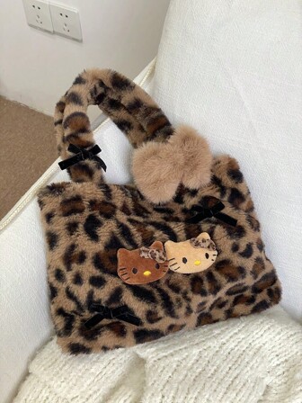 Hello Kitty Plush Leopard Print Handbag, Y2K Baddie Cute Leopard Wallet, Minimalist Tote Bag For Outdoor, Retro Plush Commuter Bag, Bohemian Style, Easter, Mother's Day, Birthday Gift, Party Favor, Graduation Memento