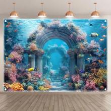 Sprookjesachtig onderwaterkasteel en koraalrif fotografieachtergrond - 7x5ft/8x6ft/10x8ft, polyester, met ringen voor eenvoudig ophangen, geschikt voor bruiloften, doopfeesten en kamerdecoratie