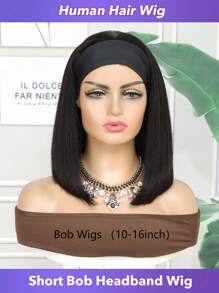 Peruca de Cabelo Humano Tipo Bandana Bob Curta e Reta, Densidade de 150%, Cor Natural, 10-16 Polegadas