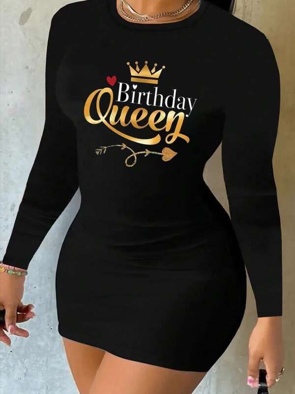 1 Stück Damen Große Größen Lässig Rundhals Kurzarm figurbetontes Kleid, Geburtstagskönig Muster, Polyester & Elasthan Mischung, Sommer Mode