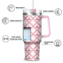 1 件格子粉色主题，蝴蝶结樱桃印花，40 盎司理想容量，不锈钢保温杯，带手柄的车载杯，方便携带，双面设计，防倾倒杯，保温咖啡杯，冷热皆宜，双层隔热，可用洗碗机清洗，送给家人和朋友的礼物，适用于各种场景