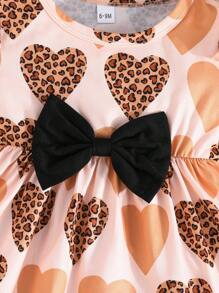 Baby Girls Summer Short Sleeve Ruffle Shoulder Hearts Print Round Neck Top + Bow Embroidery Long Pants Casual 2 Pieces Set - Apricot - View 4