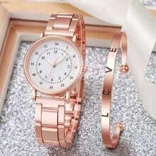 2pcs/Set Women's Watch Rose Gold Stainless Steel Round Shaped Dial Quartz Watch And Alloy Bracelet,Suitable For Daily Wear Holiday For Women Party,Holiday,Birthday Wear Or As Sisters,The Best Gift For A Lady