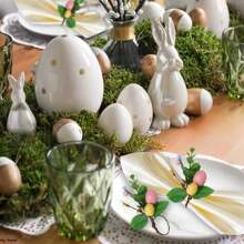 6-teiliges Set, Ostereier, Blumen, Blätter, Landschaft Eukalyptus Ranken, Servietten, Serviettenringe, Bauernhäuser, Frühlings Tisch Dekorationen, Familien Dinner, Hochzeiten, Osterfeiertage, Tisch Dekorationen