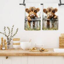 2 件装 Highland Cow 厨房毛巾套装，16x24 英寸，编织涤纶，超柔软，可机洗，现代农舍风格，适合牛爱好者装饰和手巾/茶巾 - 彩色 - 查看 7