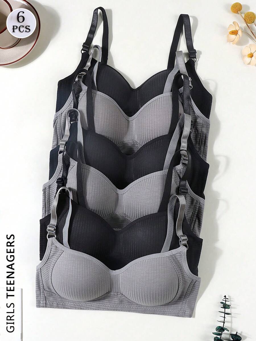 6pcs/Set Teen GirlComfortable Minimalist Ribbed Bras, Suitable For 13-16 Years Old - Multicolor - View 1