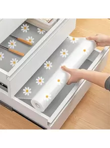 1roll Chrysanthemum Pattern Shelf Liner, Non-Adhesive Drawer Liner, Non-Slip Refrigerator Mat, Waterproof EVA Cabinet Liner, Easy To Clean Kitchen Mat