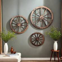 3 Pcs Wooden Wagon Wheel Decor, 3 Inch Vintage Western Style Wall Art, Farmhouse Wagon Wheel Rustic Yard Hanging Decor For Garden, Home, Bar, Garage