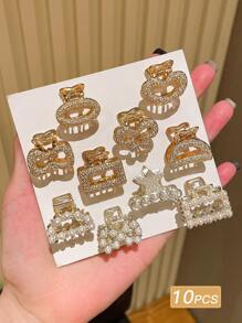 10件/套女士仿珍珠镶嵌多夹发夹，适用于半扎发型，发夹，发夹，发夹，爪夹，秋冬发饰，女士蝴蝶结，适合度假装扮