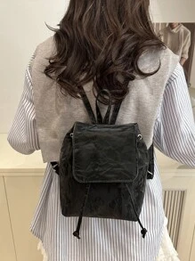 1pc Solid Color PU Leather Flap Cover Portable Fashion Backpack, Suitable For Women In Daily Outing - Black - View 5