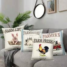 4pcs/Set Vintage Farmhouse Animal Pattern Pillowcase, Single-Sided Design, 17.7 X 17.7inch Rooster Pig Sheep Vintage Truck Pillowcase, Used For Sofa Home Decoration, No Pillow Core - Multicolor - View 3