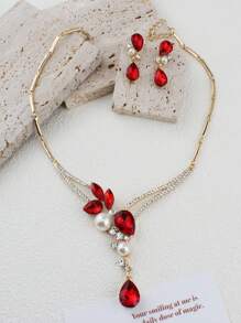 3入組紅色玻璃珠&人造珍珠&鑽石裝飾的金色配件和耳環,適合女性使用的情人節、紀念日、婚禮、派對珠寶禮物和新娘珠寶套裝 - 查看 6