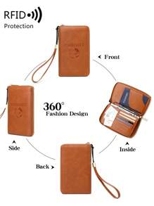 MIYIN RFID Blocking Passport Holder Card Case With Card Slots And ID Window, Solid Color PU Leather Airplane Pattern Portable Passport Wallet/Document Holder/Credit Card Organizer, Multifunctional Zipper Phone Travel Passport Wallet, Unisex, With Wrist Strap, Suitable For Travel, Overseas, Business, Brown Passport Holder/Passport Case/Passport Wallet/Travel Accessories/Back To School Supplies (Brown)