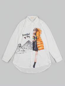 Camisa larga básica para mujer con estampado de moda y uso casual - Blanco - Ver 6