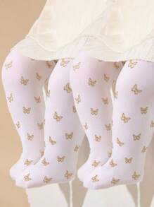 1pair Baby Girls' Princess Gold Butterfly Breathable And Comfortable Tights, Suitable For Daily Wear Or Party Outfits