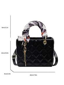 1 pieza Nuevo bolso de moda para mujer, unicolor simple con forma cuadrada de PU, patrón de rombo, elegante y de alta gama con pañuelo y colgante, versátil para negocios, compras y transporte