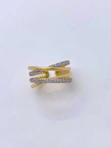 1pc 18K Gold-Plated Copper Ring With Zirconia Stones, Vintage, Open Size, Stackable Design - Gold - View 4