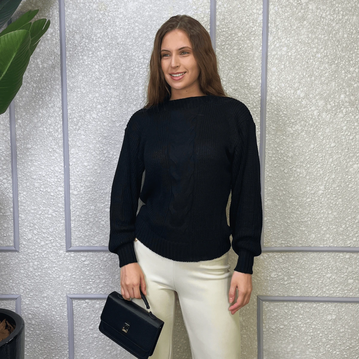 Women's Knitted Blouse With Puff Sleeves, Round Neck, Soft Braid, Winter - Black - View 1