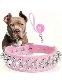 铆钉狗项圈和牵引绳套装，可调节铆钉皮革狗项圈，适合户外散步