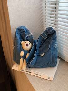 1pc新款大容量牛仔斜挎包女时尚港风ins百搭手提包隐形拉链开合个性磨砂设计多层口袋复古文艺风牛仔包休闲百搭通勤上学逛街都适用 - 彩色 - 查看 3