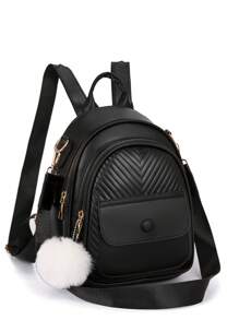 LECEY Women's Multi-Function Backpack With Pom Pom Decoration, Large Capacity, Perfectly Matching With Backpack Accessories, Back To School Essentials, Preppy Backpack For School - Black - View 2