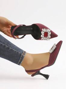 Diamantverzierte quadratische Schnalle spitze Zehenform Mode High Heel Sandalen für Frauen, modische High Heel Mules, Ananas Absatz & Weinglas Absatz High Heel Pumps, Slip-On High Heel Sandalen, bequem & leicht, geeignet für Büro & Party - Bordeaux - Übersicht 8