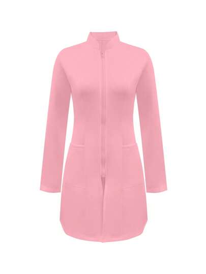Solid Color Zip-Up Lab Jacket Lab Coat With Dual Pockets
