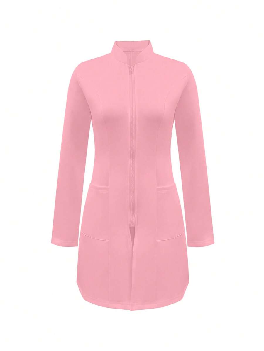 Chaqueta de laboratorio con cremallera de unicolor, abrigo de laboratorio con bolsillos dobles, rosa primavera - Rosa - Ver 1