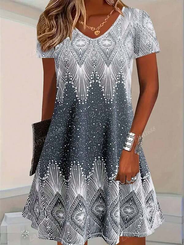 Plus Size Women's Dress Summer Fashionable And Comfortable Flower Sun Print Skirt Beach Bohemian V-Neck Skirt